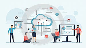Diverse team collaborating on cloud computing and data analysis with digital devices collaboration