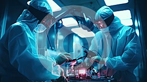 Diverse team of professional medical surgeons perform surgery in the operating room using high-tech equipment.