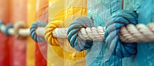 A diverse team of ropes symbolizing strength and unity against a blurred background of colorful