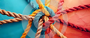 A diverse team of ropes symbolizing strength unity and cooperation against a colorful background.