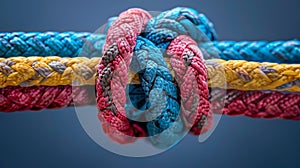 Diverse team strength unity through colorful network of ropes, partnership, and communication