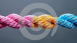 Diverse team strength unity, communication, support, and integration in colorful rope network