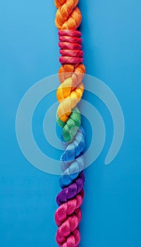 Diverse team strength, unity, support, cooperation concept with network rope on colorful background