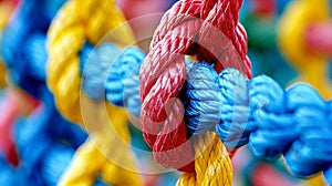Diverse team strengthens unity in colorful network rope, symbolizing partnership and empowerment. photo