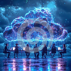 Diverse Team Collaborating on Cloud Computing with Glowing Binary Cloud