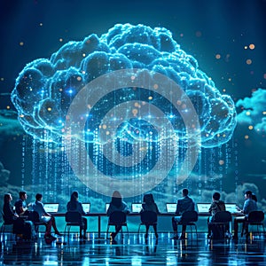 Diverse Team Collaborating on Cloud Computing with Glowing Binary Cloud