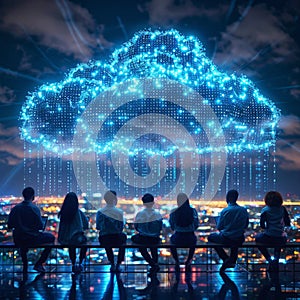 Diverse Team Collaborating on Cloud Computing with Glowing Binary Cloud