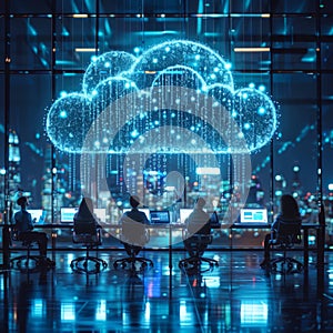 Diverse Team Collaborating on Cloud Computing with Glowing Binary Cloud