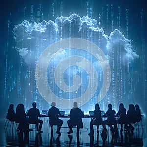 Diverse Team Collaborating on Cloud Computing with Glowing Binary Cloud