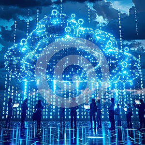 Diverse Team Collaborating on Cloud Computing with Glowing Binary Cloud