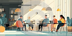 Diverse team working together in modern office using laptops and tablets