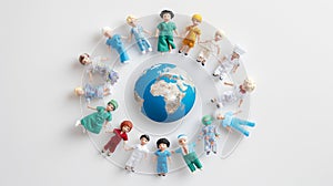 Diverse toy figures representing various professions encircle a globe, symbolizing global community and cooperation photo