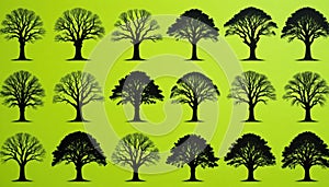 Diverse Tree Silhouettes Pattern on Green