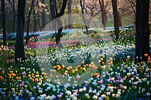 Diverse tulip varieties creating a vibrant tapestry of color in a forest clearing at dawn