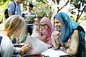 Diverse university teenager studying outdoor photo