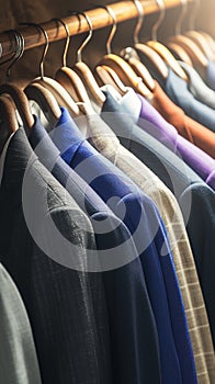 Diverse wardrobe Hanging colorful mens suits in a closet