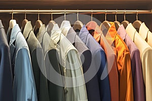 Diverse wardrobe Hanging colorful mens suits in a closet