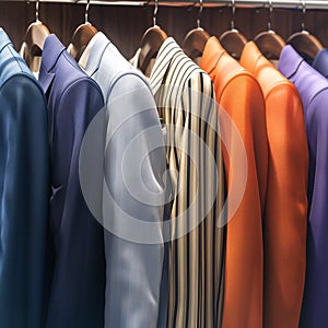 Diverse wardrobe Hanging colorful mens suits in a closet