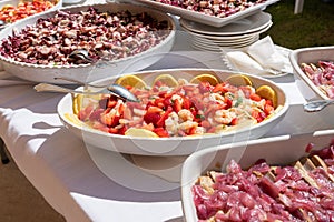 a diverse wedding buffet featuring both meat, seafood, and desserts