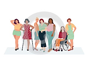 Diverse women group, woman in a wheelchair,a woman on crutches standing in a row.Vector illustration in a flat style