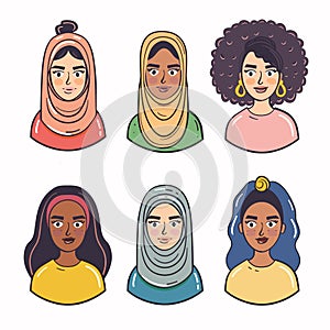 Diverse women portraits, hijab, curly hair, ethnic diversity. Six female characters, multicultural