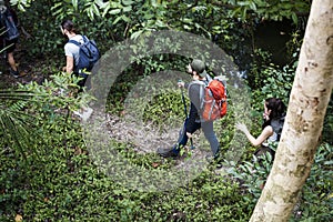 Diverse young backpacker people trekking in a tropical forest