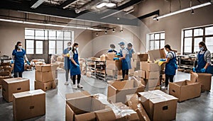 Diverse young volunteers in protective gloves sorting, packing foodstuff in