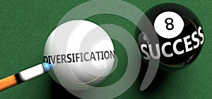 Diversification brings success - pictured as word Diversification on a pool ball, to symbolize that Diversification can initiate