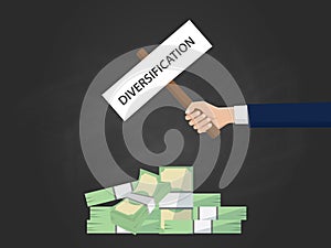 Diversification business concept illustration with businessman hand holding a banner on top of cash money