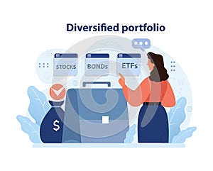 Diversified portfolio presentation with a businesswoman analyzing. Flat vector illustration.
