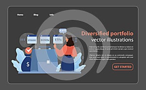 Diversified portfolio presentation with a businesswoman analyzing. Flat vector illustration.