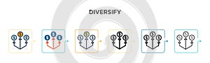 Diversify vector icon in 6 different modern styles. Black, two colored diversify icons designed in filled, outline, line and