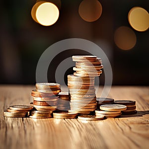 Diversifying Wealth: Coins Scattered on Wooden Surface