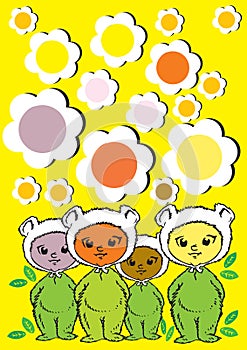Diversity, Baby Children and Flowers- Cartoon