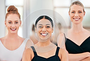 Diversity ballet women portrait in academy dance studio with vision, motivation and professional goal. Group of people