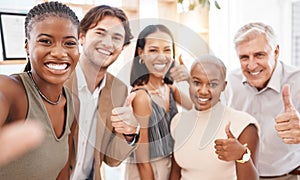 Diversity business people and thumbs up selfie for success, trust and thank your sign for global social media portrait