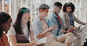 Diversity campus students with notebook, technology and study for college exam, university test or school course. Group