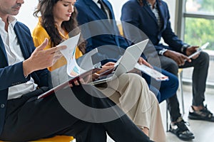 Diversity candidates siting while waiting for job interview. Intellectual.