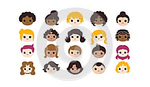 Diversity children cute kawaii emoji faces set