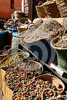 Diversity of colorful spices on a bazaar market in Marrakesh Morocco