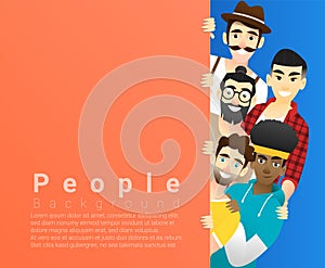 Diversity concept background , group of happy multi ethnic men standing behind empty colorful board