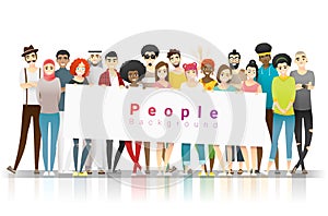 Diversity concept background , group of happy multi ethnic people standing together and holding empty banner photo
