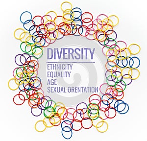 Diversity concept. mix colorful rubber band on white background with text Diversity, Ethnicity, Equality, Age, Sexual Orientation