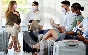 Diversity, covid and travel of people at an airport waiting to board a plane with their passport and mask. Group of