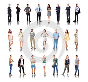 Diversity, different and professional employees standing in white background for employment or qualifications. People