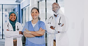 Diversity, doctors and student portrait in hospital with happy face working together as a team. Young, senior and expert