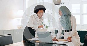 Diversity employees, laptop and business women planning online strategy, collaboration and ideas in modern office