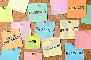 Diversity, Equality, Inclusion, Age, Ethnicity, Sexual Orientation, Gender, Religion write on a notes pinned to a board