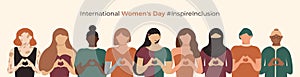 Diversity Girls with prosthesis vitiligo, she he they identify IWD. Inspire Inclusion 2024 International Women\'s Day banner.