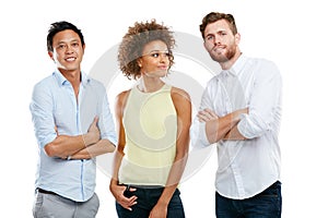 Diversity, group of people together and support standing isolated in white background. Interracial team, casual friends